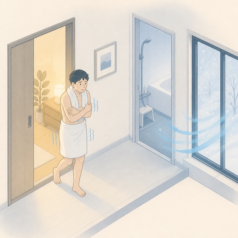 窓からの冷気で廊下や脱衣所が冷え、寒暖差が大きい様子